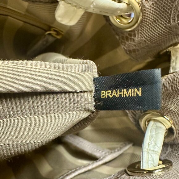 Brahmin Melinda Drawstring Floral Lace Bucket Bag Taupe Gray White Crossbody - Picture 12 of 16